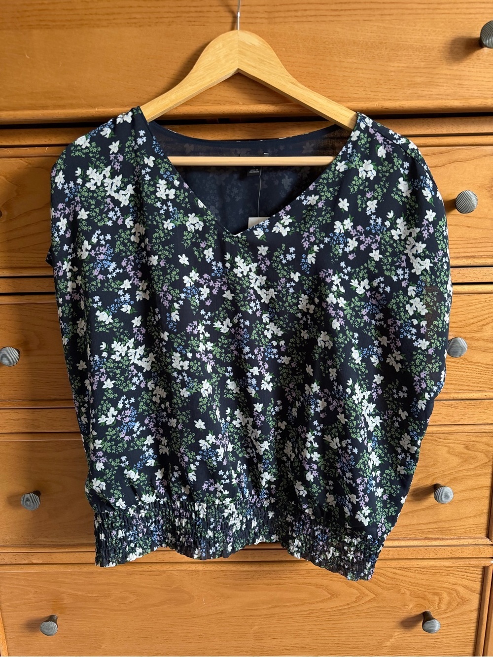 Ann Taylor Navy Floral V-Neck Smocked-Hem Blouse